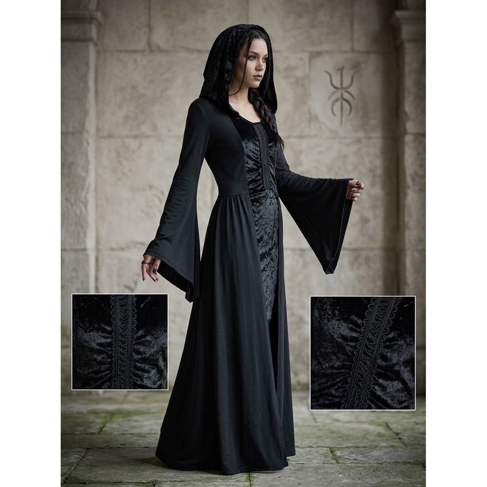 Gothic Hooded Maxi Dress Black Velvet Bell Sleeve Medieval Witchy Gown M/L